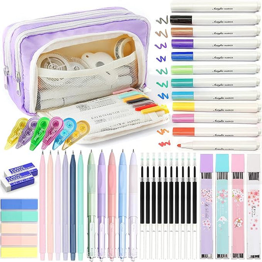 42 PCS Aesthetic School Supplies with Large Pencil Case, 12 Marker Pens with box, 5 Black Ink Gel Pens, 6 Mechanical Pencils Set, Sticky Notes, Complete Essentials Stationery Kit for Students