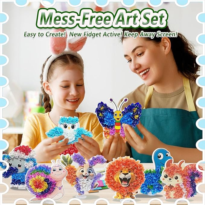 mom&myaboys Poke A Dot Art Kit - Animals Theme with Snail, Lion, Owl, Squirrel, Butterfly | No-Mess Sewing Craft for Kids Ages 4-8 | Creative Toys for Girls & Boys | Fun Gift for Birthday, Christmas