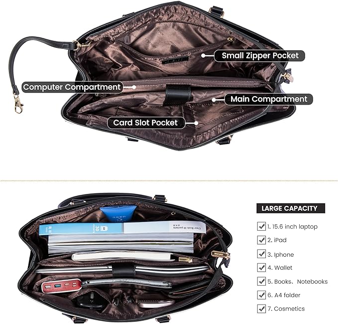 LOVEVOOK Laptop Bag for Women 15.6 Inch Tote Bags Waterproof Leather Briefcase Computer Women Business Office Work Bag,Black-White