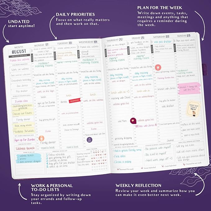 Legend Planner PRO Hourly Schedule - Weekly & Daily Organizer with Time Slots. Appointment Book Journal for Work & Personal, A4 (Purple)