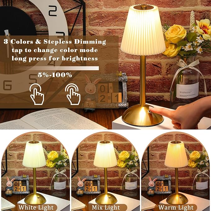Liliful 2 Pcs LED Portable Cordless Table Lamp Touch Battery Operated Rechargeable Gold Desk Lamp 3 Color Dimmable for Bedroom Living Room Dining (Gold,Beige Cloth Style)