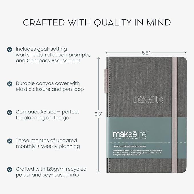 MäksēLife 90-Day Quarterly Planner - Entrepreneur Goal Setting & Project Management, Undated 3-Month Productivity Planner for Small Business Owners, Dark Gray