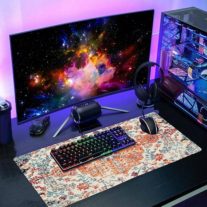 Orange Teal Boho Gaming Mouse Pad Large XL Rug Carpet Bohemian Retro Extended Large Desk Mat Big Mousepad Non-Slip Rubber Base Stitched Edge Long Desk Pad for Desktop Office PC Gamer,20x14 in,60x35cm