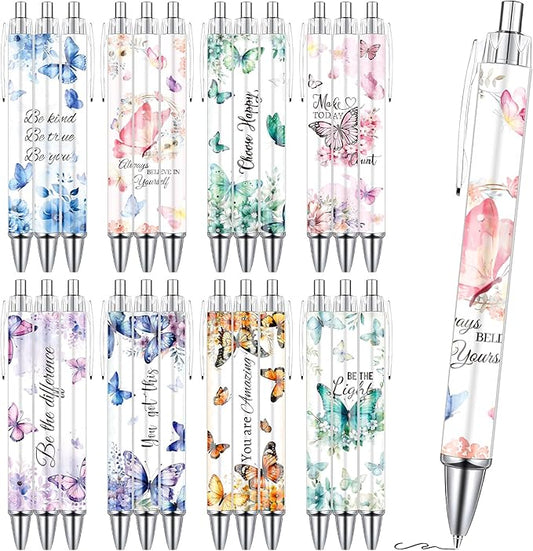 Butterfly Inspirational Ballpoint Pens - 24PCS Butterfly Print Pens Set Retractable Positive Flower Pens Smooth Writing Floral Pens for Office Stationery School Supplies for Women Teacher Gift