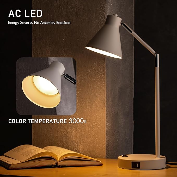 O'Bright Astrum - LED Desk Lamp with Dual USB Charging Ports, 100% Metal, 270 Degree Swivel Arms, Soft White Light (3000K), Bedside & Home Office Table Lamp, ETL Listed, White