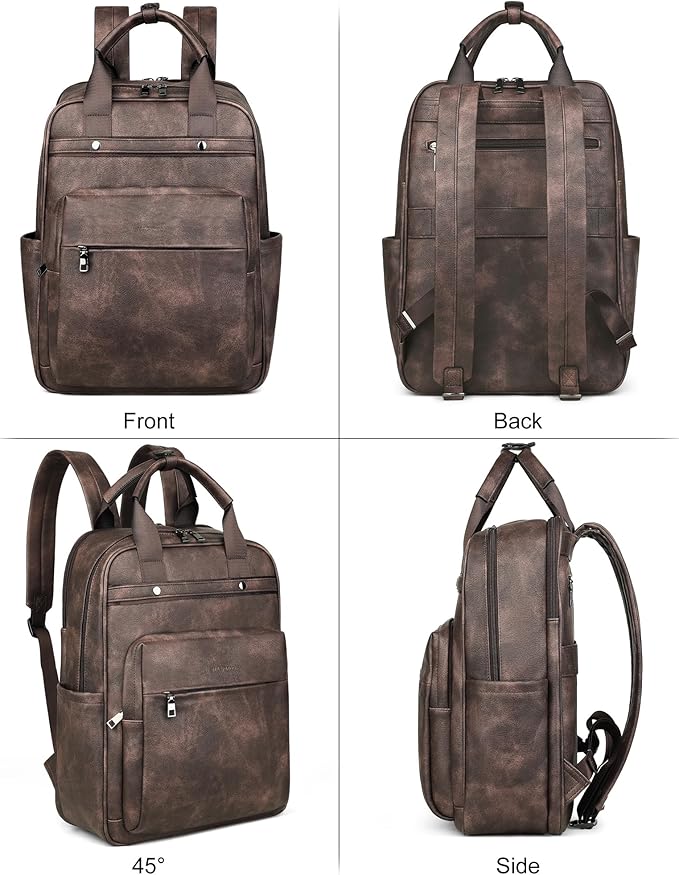 MASINTOR Leather Laptop Backpack for Women, Stylish Computer Backpack College Business Work Shoulder Bags Work and Travel Retro Coffee