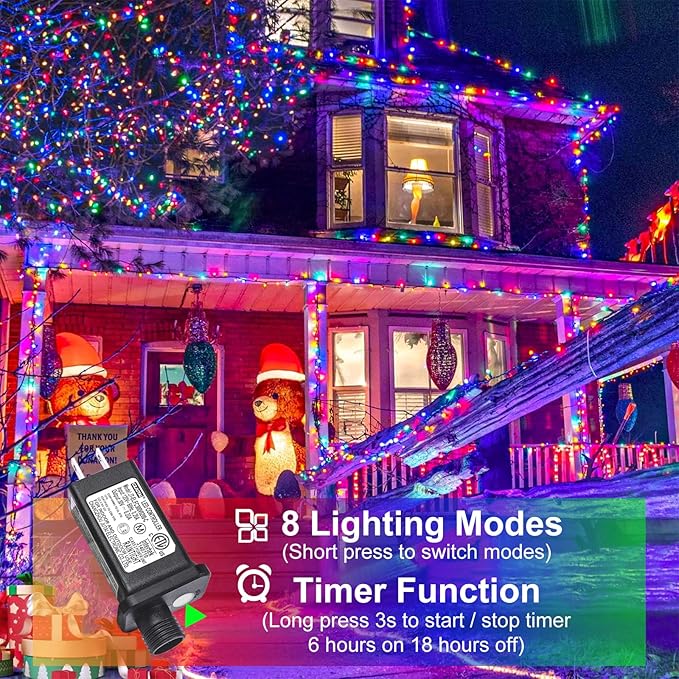 Multicolor Christmas Lights Outdoor, 100FT 300 LED Christmas Tree Lights with 8 Modes Waterproof, Plug in Connectable String Twinkle Light for Indoor Garden Patio Xmas Party Holiday Decorations