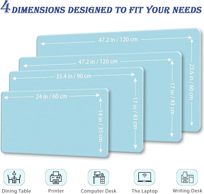 Large PU Leather Desk Pad, 47.2" x 17" Non-Slip Mat for Desktop, Office & Computer, Waterproof Blotter Pad, Keyboard Mat for Home & Office (Sky Blue)