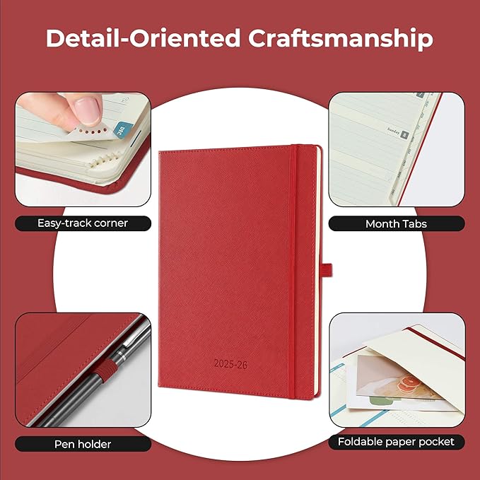 Weekly Monthly 2025-2026 Planner (July 25-Dec 26),11.5"x8.5",18 Months Agenda Plan with Month Tabs & Pocket,Expenses/Note Pages, Academic Calendar with Vegan Leather Cover,Red