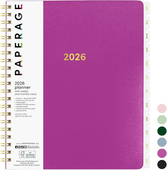 PAPERAGE 2026 Weekly & Monthly Planner, 12 Months (January 2026 - December 2026), 9.2 in x 11.2 in, Spiral Bound 2026 Planner with Weekly, Monthly & Yearly Views, Note Pages & Inner Pocket – Raspberry