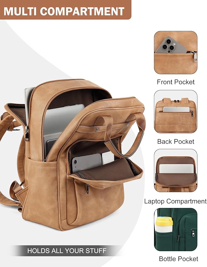 MASINTOR Leather Laptop Backpack for Women, Stylish Computer Backpack College Business Work Shoulder Bags Work and Travel Retro Camel