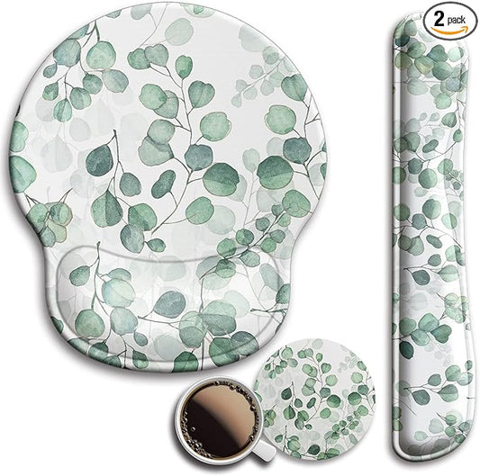 Mouse Pad and Keyboard Wrist Rest Support, with Non-Slip PU Base,Gel Mouse Pad with Coaster,Pain Relief for Gaming, Computer,Office -Eucalyptus
