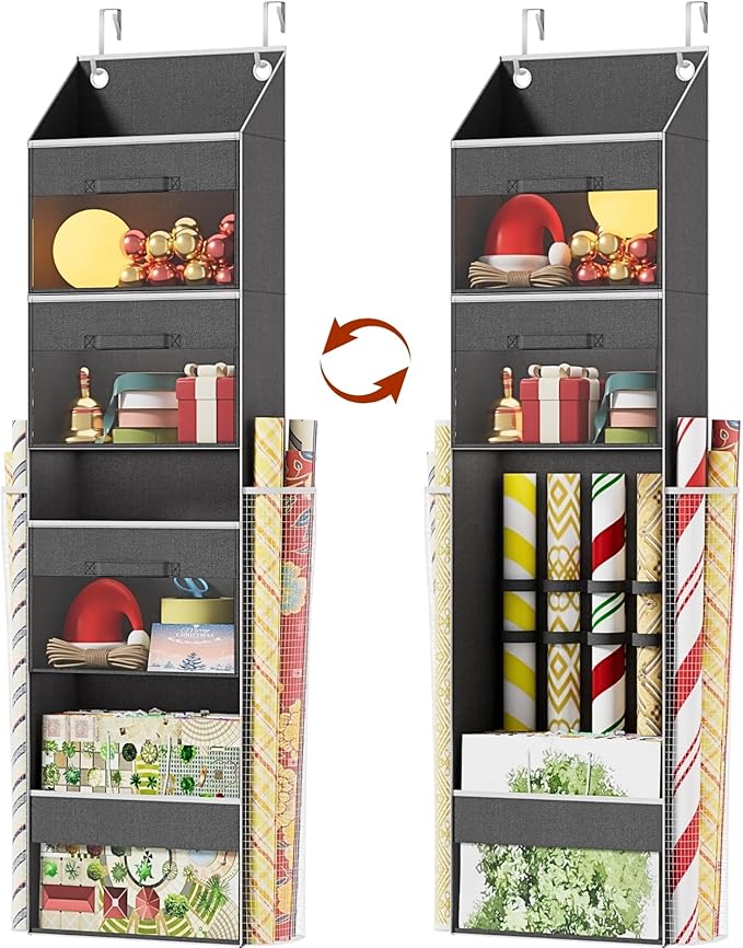 Over Door Wrapping Paper Organizer Storage with 3 Removable Drawers & Side Pockets – Dual Use Design with Elastic Straps – Christmas Gift Wrap Storage for Ribbons, Bows, Ornament and Other Tools