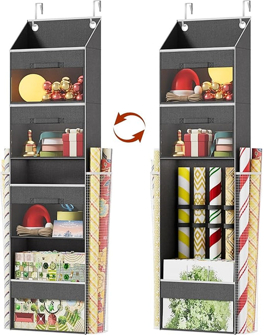 Over Door Wrapping Paper Organizer Storage with 3 Removable Drawers & Side Pockets – Dual Use Design with Elastic Straps – Christmas Gift Wrap Storage for Ribbons, Bows, Ornament and Other Tools