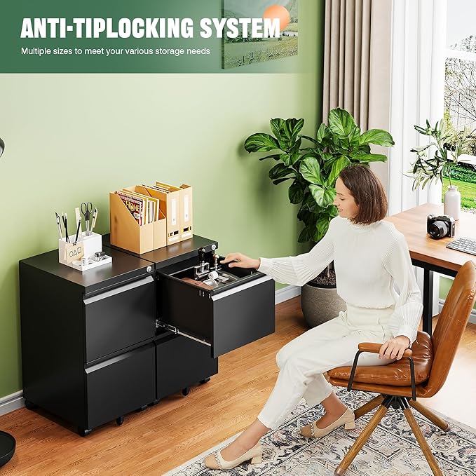 Letaya Mobile File Cabinet with Lock,2 Drawer Under Desk Metal Rolling Filing Cabinets for Home Office Organizer Letters/Legal/A4(Fully Assembled-Black)