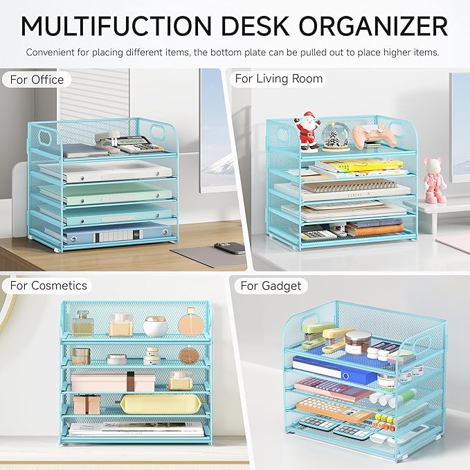 Lavatino Desk Letter Tray Paper Organizer for Desk 5-Tier with Handle Mesh Desktop File Organizer Paper Holder for Classroom Office Accessories - Blue