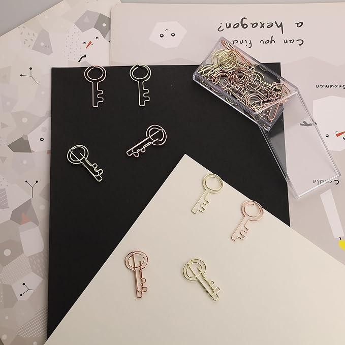 OWLFAVO 40pcs Key Shape Paper Clips with Clear Box, Rose Gold and Yellow Gold, Funny Cute Paperclips Bookmarks Planner Clips for Fun Office Supplies School Gifts Wedding Decoration