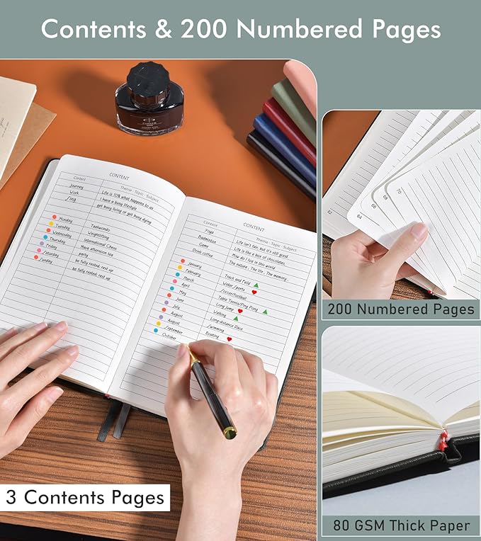 Lined Journal Notebook for Men Women, 200 Numbered Pages Leather Hardcover Journal with Pen, A5 Journaling Notebooks, Thick Paper College Ruled Journals for Writing Work Business 5.75'' X 8.38'' Black