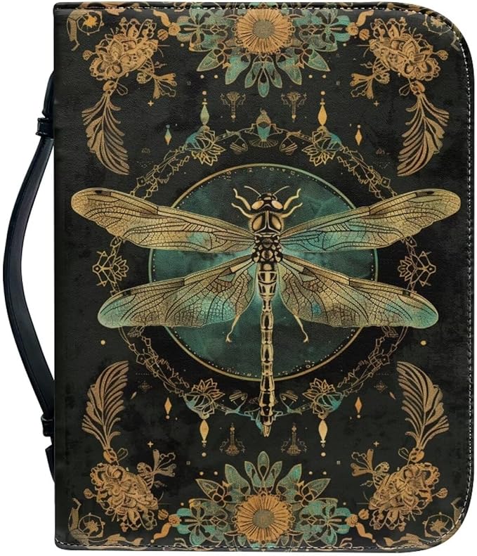 Lotusorchid Mandala Dragonfly Printed Women Bible Cover Leather Bible Book Church Bags with Handle and Zippered Pocket