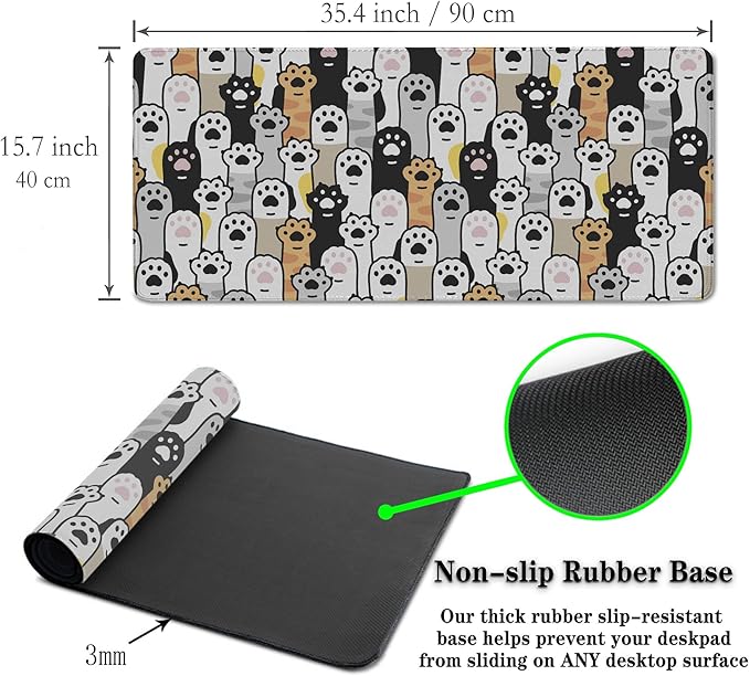 Office Desk Pad Cat Paws Cute Mouse Mat Large Gaming Mouse Pads Desk Mouse Pad Long Desk Pad Non-Slip Rubber Base Waterproof with Stitched Edges 35.4 X 15.7 for Game Office,