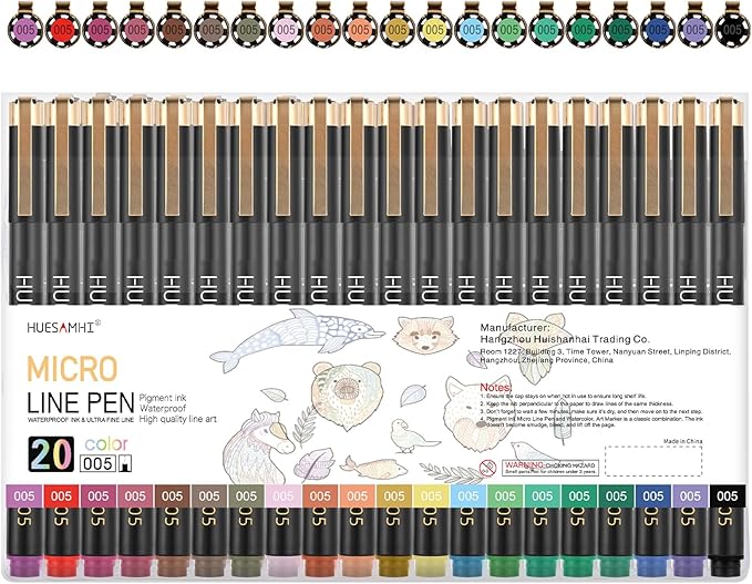 005 Micro Pen,20 Colors Waterproof Ink 0.20mm Fine Tip FineLiner Pens for Art Illustration,Sketching, Anime, Bullet journal,and Technical Drawing