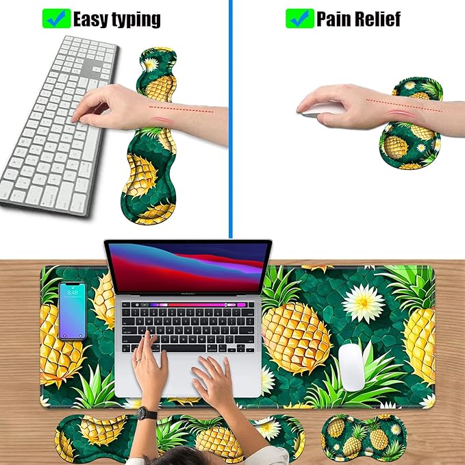 4 in 1 Ergonomic Keyboard Wrist Rest & Mouse Pad Wrist Rest Set, Large XXL Gaming Desk Mat 31.5"x 11.8" with Non-Slip Base, Memory Foam for Home Office Study Gaming, Pineapple