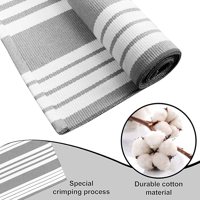 OJIA Christmas Front Door Rug 24''x51'' Gray and White Striped Outdoor Rug Machine Washable Porch Rug Front Door Mat Outdoor Indoor Area Rugs Cotton Woven Entry Mat for Home Entrance/Farmhouse