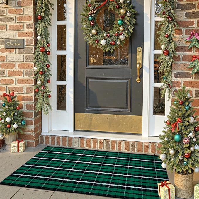 OJIA Christmas Door Mat Outdoor 24"x51" Green Plaid Front Door Rug, Washable Holiday Doormat Outdoor Porch Rug Farmhouse Throw Carpet Layered Door Mats for Entrance Kitchen Indoor Decor