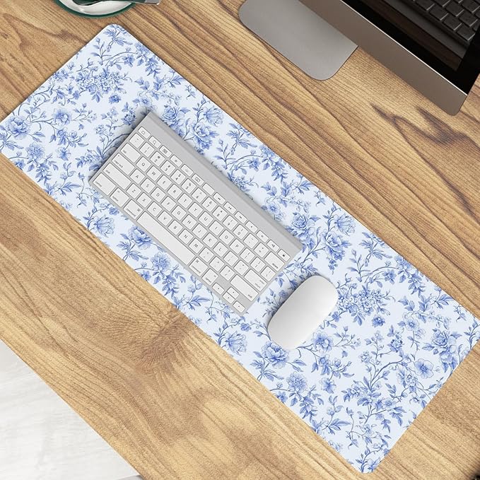 Light Blue Chinoiserie Mouse Pad,Vintage Blue And White Floral Desk Mat,XL Large Vintage Floral Preppy Mouse Pad,Girly Gaming Mousepad,Girly Laptop Desk Mat For Dorm Home Office,31.5x11.8 Inch