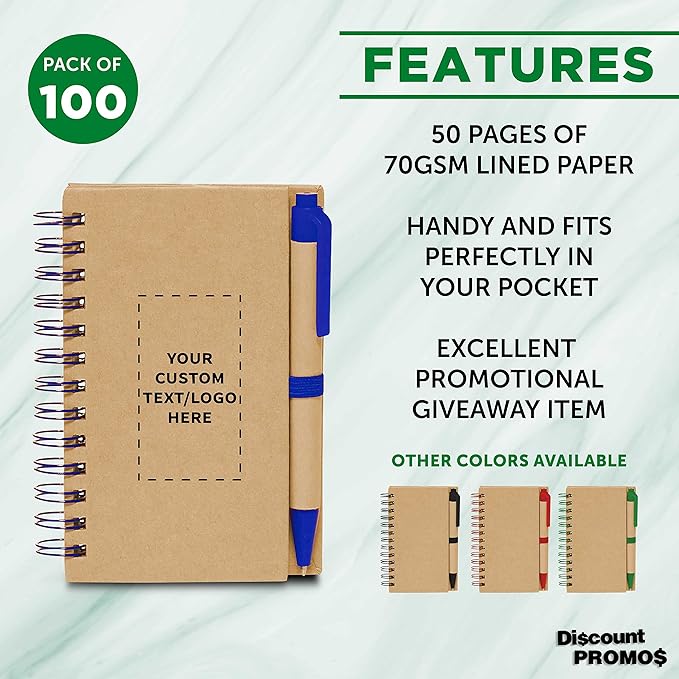 Custom Mini Spiral Notebooks with Black Ink Pens Set of 100, Personalized Bulk Pack - Perfect for School, Office, Business, Home - Blue