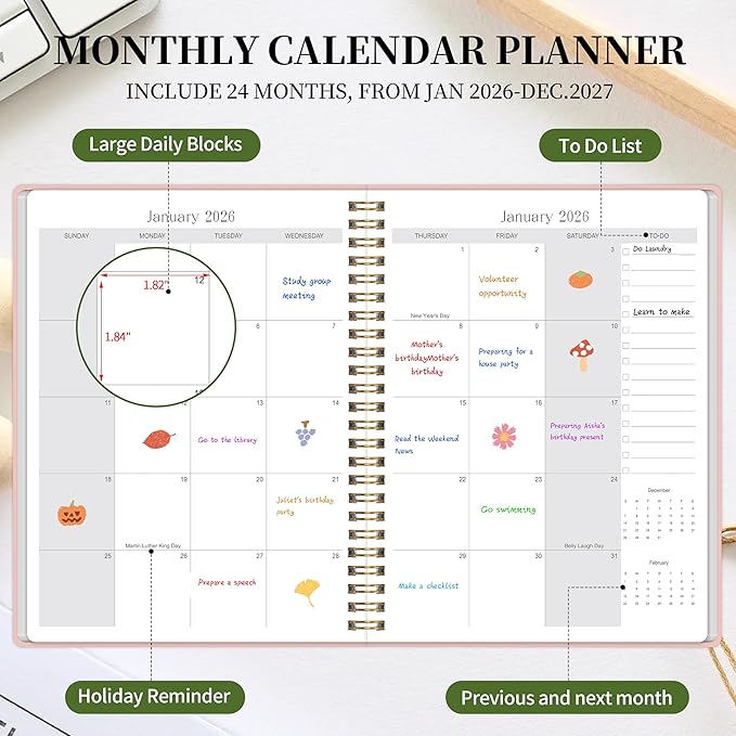 Monthly Planner 2026-2027 - 2 Year Monthly Planner Calendar 2026-2027, Jan. 2026 - Dec. 2027, 7.3" * 9.5", 24 Months Calendar Planner with Note Pages, for Office, School Home Planning - Pink