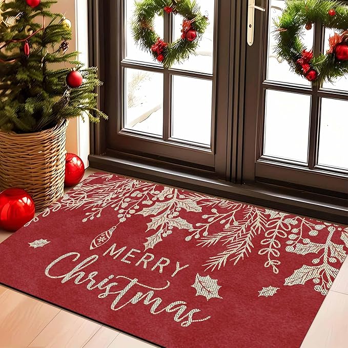Merry Christmas Mistletoe and Holly Door Mat Front Porch Rugs Doormats Welcome Floor Mats Welcome Rug Outdoor Entry Rug for Home Farmhouse Party Decor, 18" x 30"Inch
