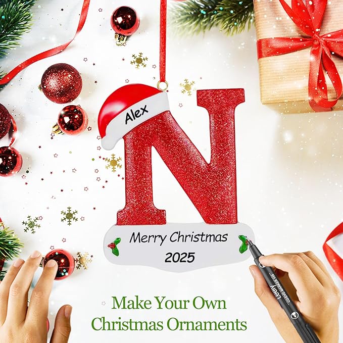 Personalized 26 Letters Ornaments for Christmas Tree 2025, Custom Christmas Ornament with Family Member's Names 3D Resin Xmas Hanging Pendant Original Gifts for Family Friends(N)