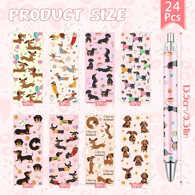 Dachshund Ballpoint Pens Gifts - 24PCS Cartoon Gogs Pen Set Retractable Smooth Writing Ballpoint Pen Dog Lovers Gift for Women Girls Teacher Students Teen Office School Party Supplies