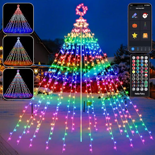 Outdoor Christmas Decorations, 12FT 488LED RGB Color Changing Waterfall Christmas Tree Lights with Iron Pole, APP Remote Control, DIY Multi-Color Lightshow, Music Sync, Xmas New Year Decor