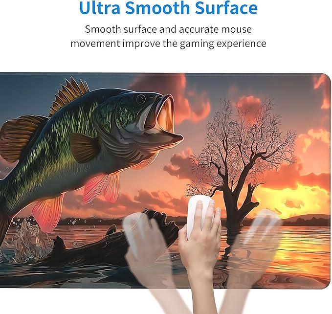 Large Gaming Mouse Pad with Bass Fish Sunset Design, Non-Slip Rubber Base, Stitched Edges, Extended Size 35.4 x 15.8 inches