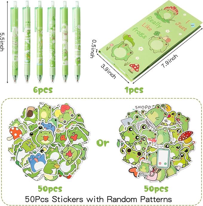 Xqumoi 57Pcs Frog Sticky Notes with Pen Stickers Stationery Set 0.5mm Black Gel Ballpoint Pens Frog Self-Stick Notes Pads Cartoon Frog Vinyl Stickers Back to School Office Supplies Party Favor Gift