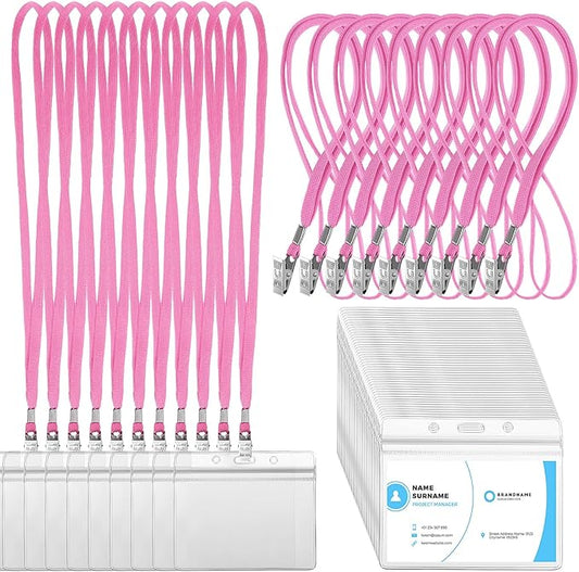 Marspark 100 Sets Clear Name Tags with Lanyard, Lanyards for ID Badges Reusable Strap with ID Holder Plastic Name Badges for Adults Business School Church Conference (Pink)