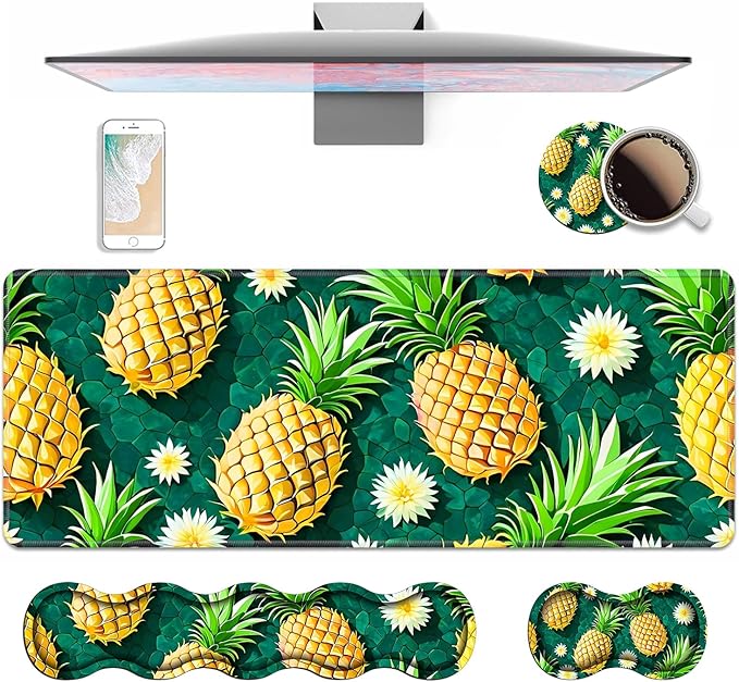 4 in 1 Ergonomic Keyboard Wrist Rest & Mouse Pad Wrist Rest Set, Large XXL Gaming Desk Mat 31.5"x 11.8" with Non-Slip Base, Memory Foam for Home Office Study Gaming, Pineapple