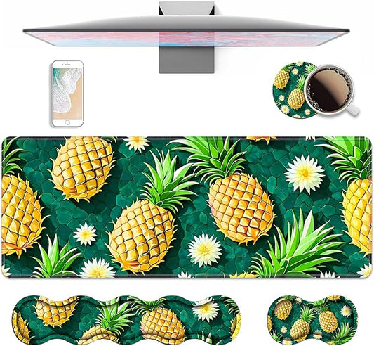 4 in 1 Ergonomic Keyboard Wrist Rest & Mouse Pad Wrist Rest Set, Large XXL Gaming Desk Mat 31.5"x 11.8" with Non-Slip Base, Memory Foam for Home Office Study Gaming, Pineapple