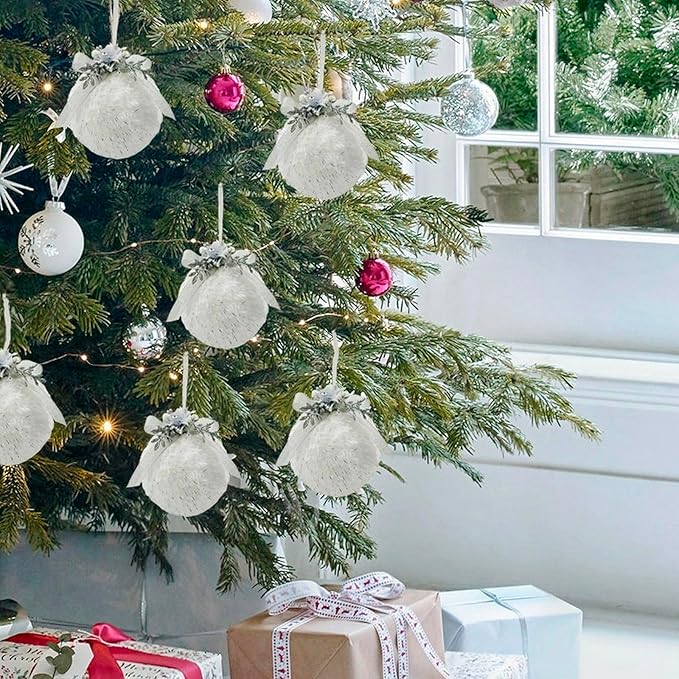 Nature Vibe Set of 4 Faux Fur White Christmas Ornaments Box Pack,Christmas Balls with Silver Accent as Christmas Tree Decorations or Winter Wonderland Decorations