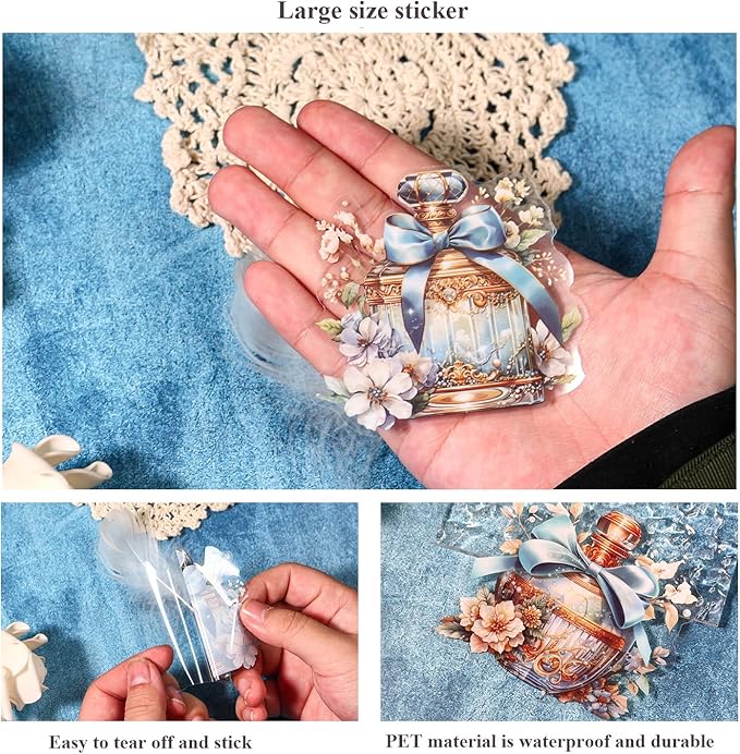 MAFELOE PET Scrapbook Stickers, 4 Packs, 10 Pieces Each, Aesthetic Deco Supplies for Junk Bullet Journaling Card Making Daily Planner-Bottle&Flower Series (TP-WYMH-08)