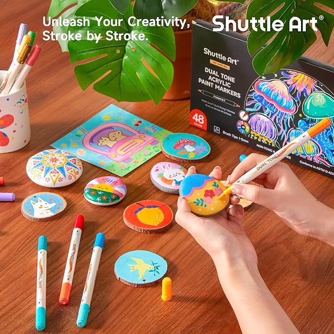 Shuttle Art 24 pack Dual Tone Acrylic Paint Markers, 48 Colors Acrylic Paint Pens for Rock Painting, Ceramic, Wood, Canvas, Glass, Stone, Fabric, Card Making, DIY & Art Supplies