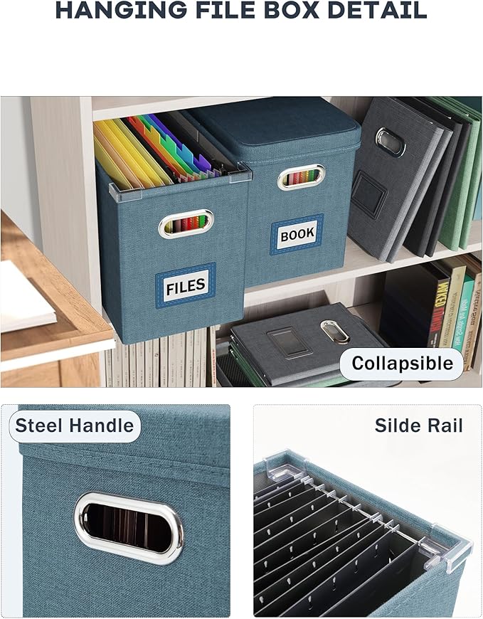 Oterri File Organizer Box with Lid, Hanging Filing File Box with Mesh Pocket, Document Organizer Box for Letter Files, Portable Storage Box with Smooth Sliding Rail for Office&Home (1 PCS, Dark-blue)