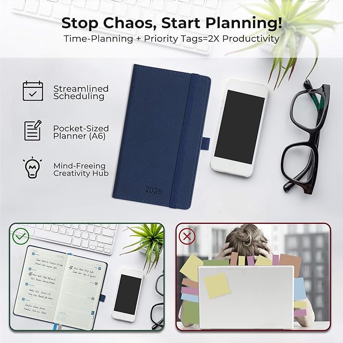 Weekly Monthly 2026 Planner (Jan.26-Dec.26),6.5"x3.75",12 Months Agenda Plan with Month Tabs & Pocket,Expenses/Note Pages, Appointment Book Calendar with Hardcover Vegan Leather Cover,Blue