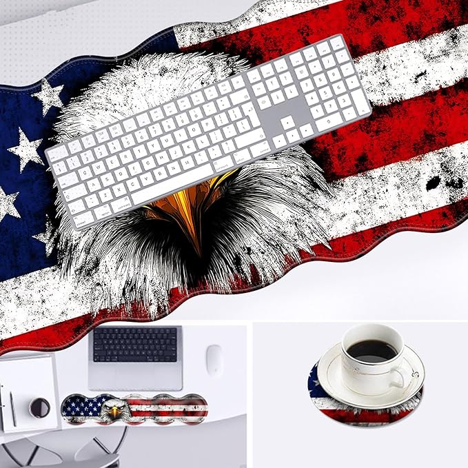 Large Mouse Pad and Keyboard Wrist Rest, Desk Pad for Keyboard and Mouse, 4-in-1 Large Gaming Mouse Pad with Wrist Support, Desk Mat for Home Office Study Game-Bald Eagle American Flag