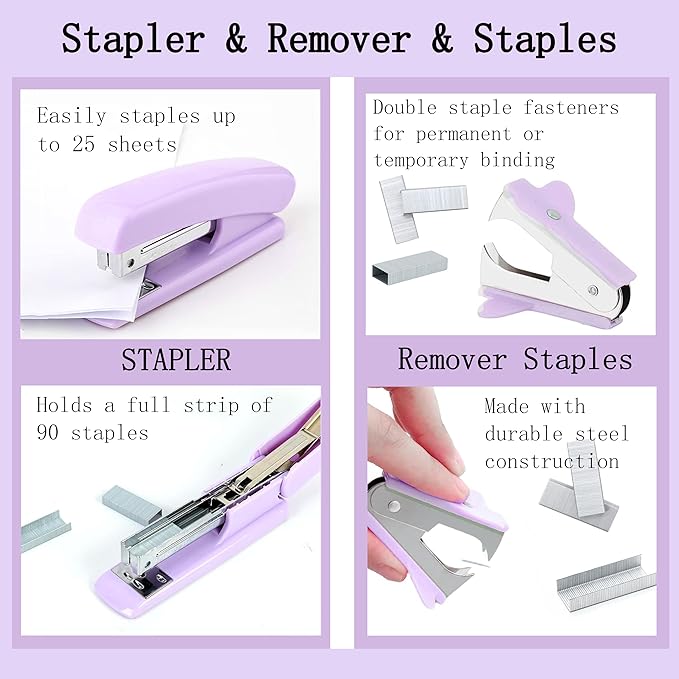 Purple Desk Accessories, Purple Office Supplies 360°Pen Holder Desk Organizers And Accessories with Tape Dispenser, Stapler, Staple Remover, 1000 Staples, Tape, Clips Set, Ruler, Scissor, Pen