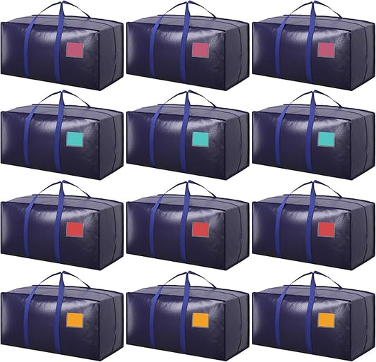 12 Pack Extra Large Heavy Duty Moving Bags with Reinforced Zipper & Wide Handles, Moisture-Resistant Storage Bins Packing Cubes for Clothes, College Dorm, Travel, and Home Organization, DarkBlue