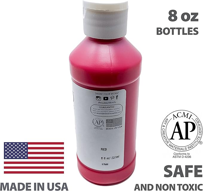 milo Kid's Washable Finger Paint Set of 8 Colors | 8 oz Bottles | Safe and Non-Toxic | Made in the USA | Art & Craft Paints for Kids, Toddlers, Pre School Supplies Painting Set for Children | Easy Pour and Squeeze Bottles