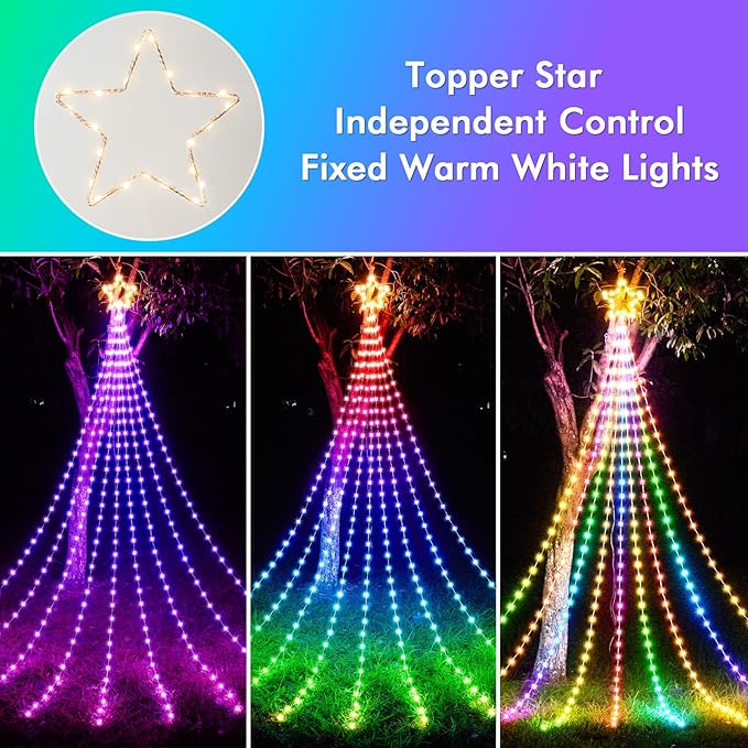Outdoor Christmas Decorations, 12FT Smart RGB Color Changing Christmas Hanging Waterfall String Lights, APP Remote Control, DIY Multi-Color Lightshow, Music Sync, Outside Xmas Lights Decor